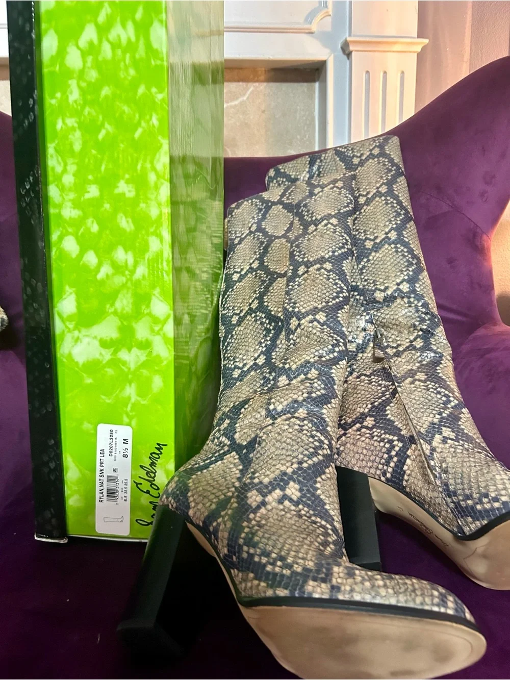 Snake-Print Knee High Boots in Beige and Black - Sam Edelman